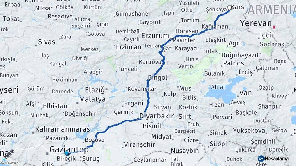 Şanlıurfa Birecik Kars Arası Kaç Km - Yol Haritası