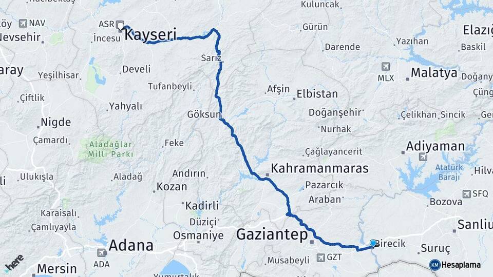Şanlıurfa Birecik Kayseri Arası Kaç Km - Yol Haritası