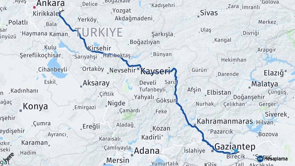 Şanlıurfa Birecik Kırıkkale Arası Kaç Km - Yol Haritası