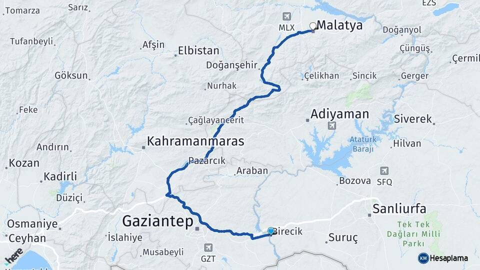 Şanlıurfa Birecik Malatya Arası Kaç Km - Yol Haritası