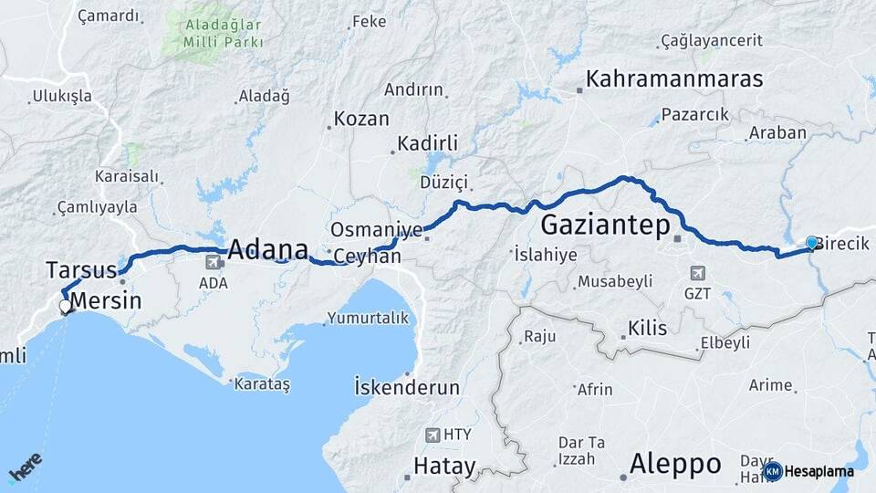 Şanlıurfa Birecik Mersin Arası Kaç Km - Yol Haritası