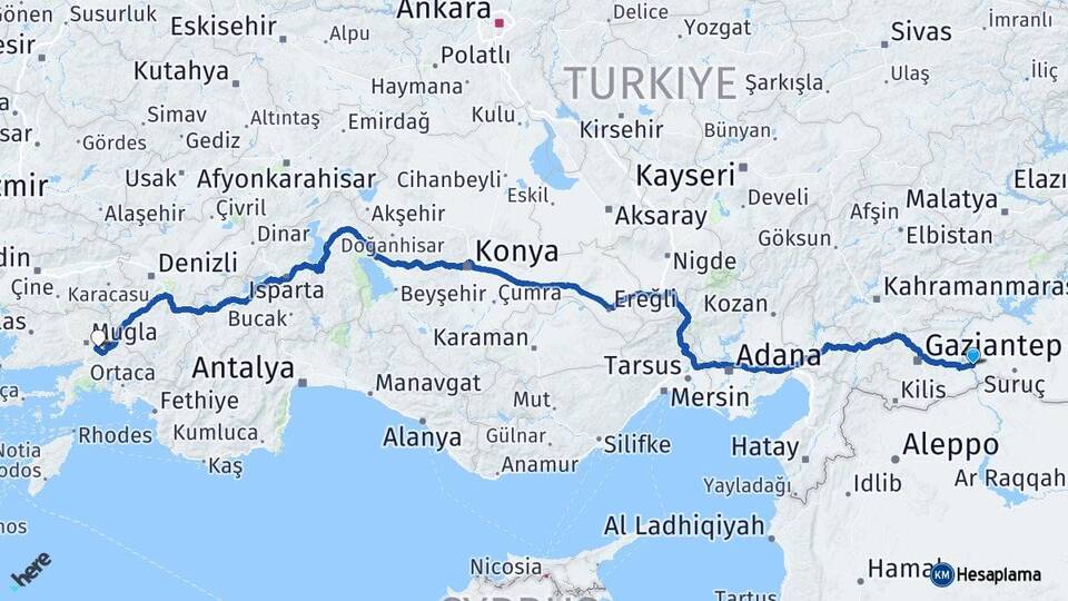 Şanlıurfa Birecik Muğla Arası Kaç Km - Yol Haritası