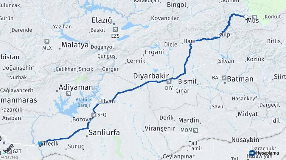 Şanlıurfa Birecik Muş Arası Kaç Km - Yol Haritası