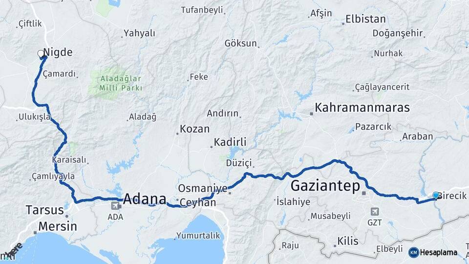 Şanlıurfa Birecik Niğde Arası Kaç Km - Yol Haritası
