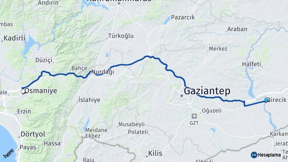 Şanlıurfa Birecik Osmaniye Arası Kaç Km - Yol Haritası