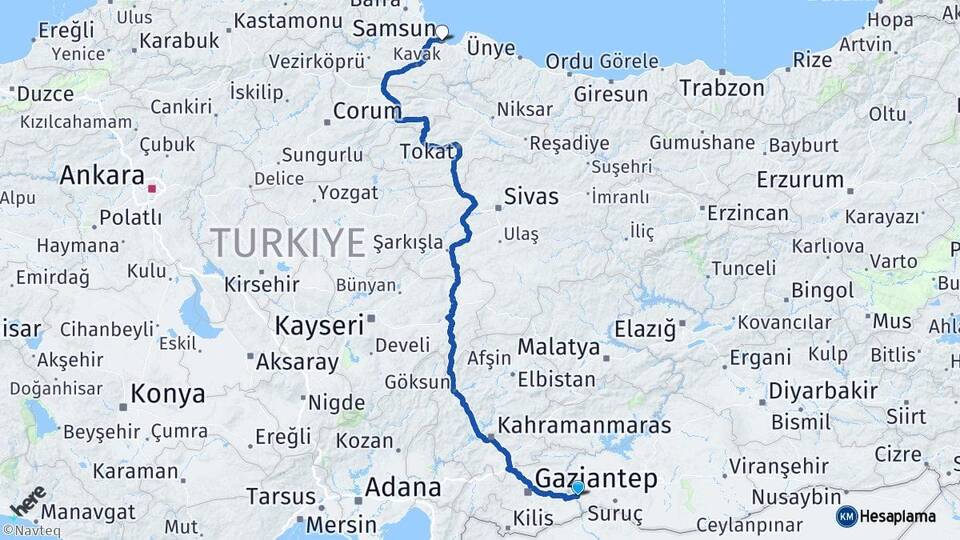 Şanlıurfa Birecik Samsun Arası Kaç Km - Yol Haritası