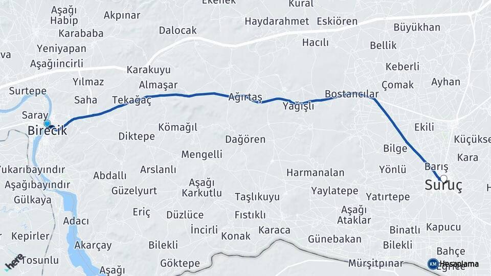 Şanlıurfa Birecik Suruç Arası Kaç Km - Yol Haritası