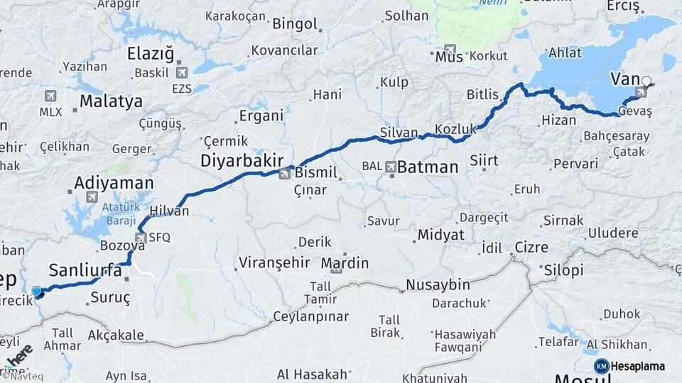 Şanlıurfa Birecik Van Arası Kaç Km - Yol Haritası