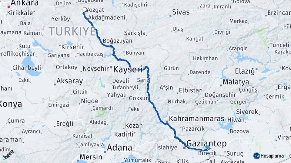 Şanlıurfa Birecik Yozgat Arası Kaç Km - Yol Haritası