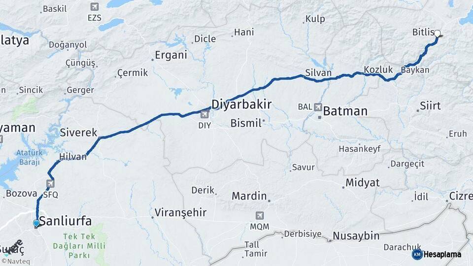 Şanlıurfa Bitlis Arası Kaç Km - Yol Haritası