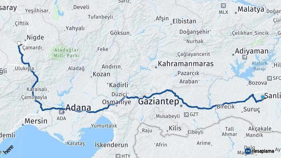 Şanlıurfa Bor Niğde Arası Kaç Km - Yol Haritası