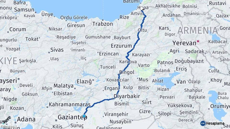 Şanlıurfa Borçka Artvin Arası Kaç Km - Yol Haritası