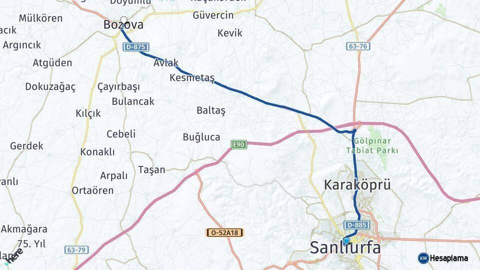 Şanlıurfa Bozova Arası Kaç Km - Yol Haritası
