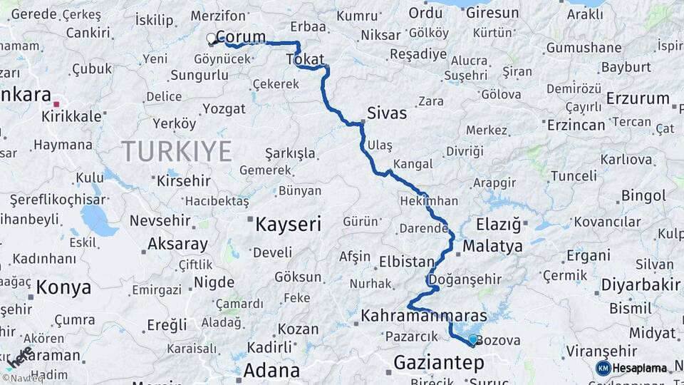 Şanlıurfa Bozova Çorum Arası Kaç Km - Yol Haritası