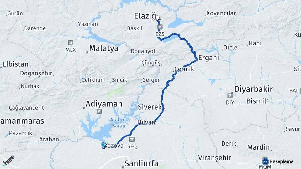 Şanlıurfa Bozova Elazığ Arası Kaç Km - Yol Haritası