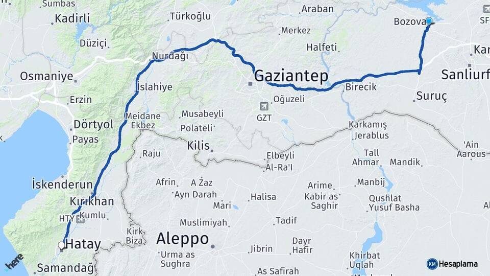 Şanlıurfa Bozova Hatay Arası Kaç Km - Yol Haritası