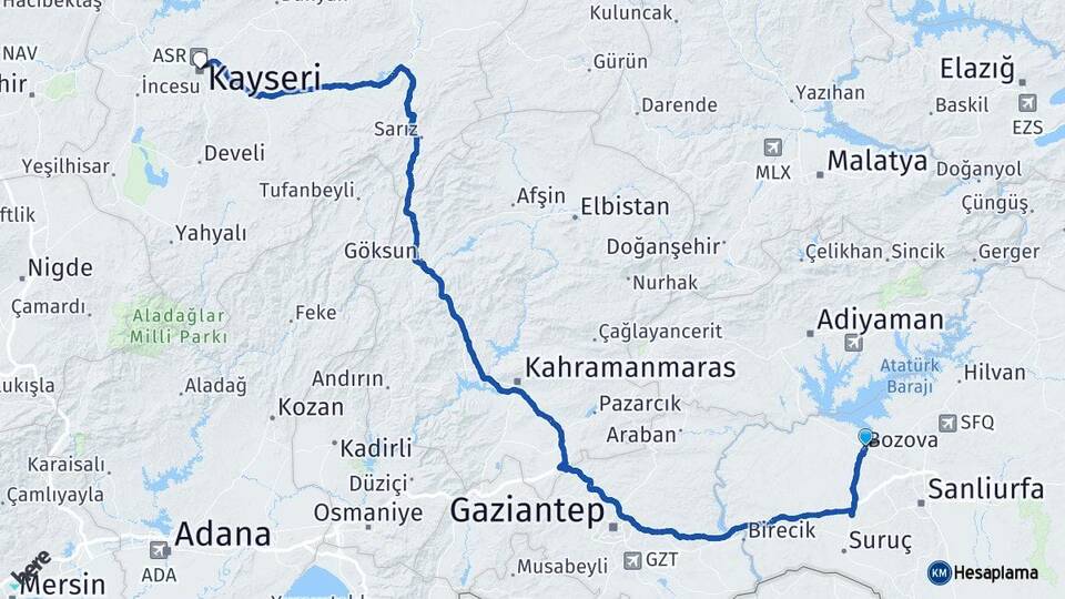 Şanlıurfa Bozova Kayseri Arası Kaç Km - Yol Haritası