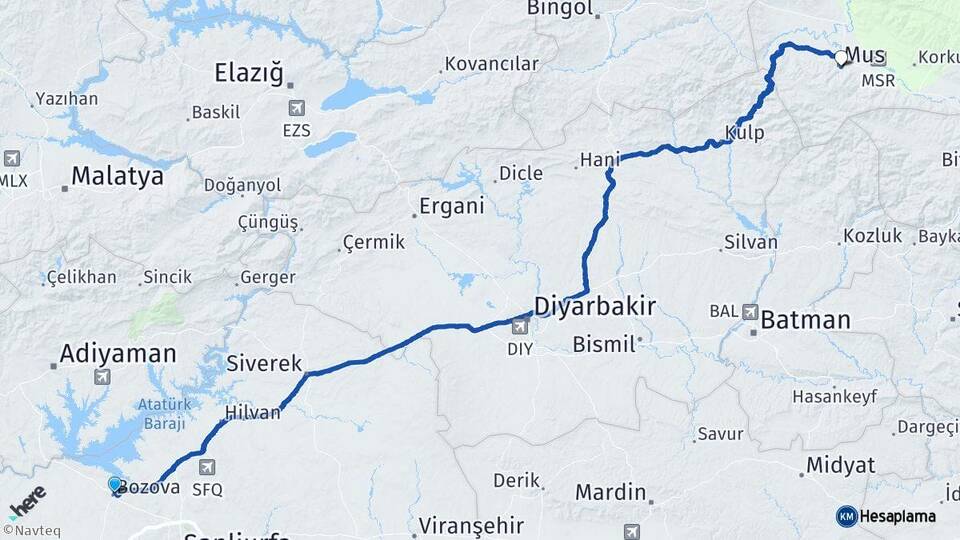 Şanlıurfa Bozova Muş Arası Kaç Km - Yol Haritası