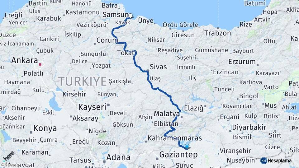Şanlıurfa Bozova Samsun Arası Kaç Km - Yol Haritası