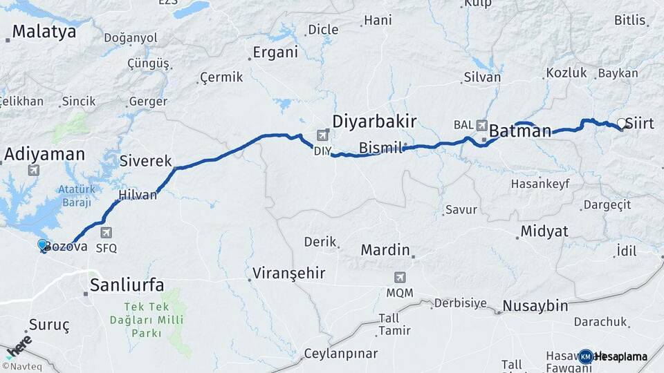 Şanlıurfa Bozova Siirt Arası Kaç Km - Yol Haritası
