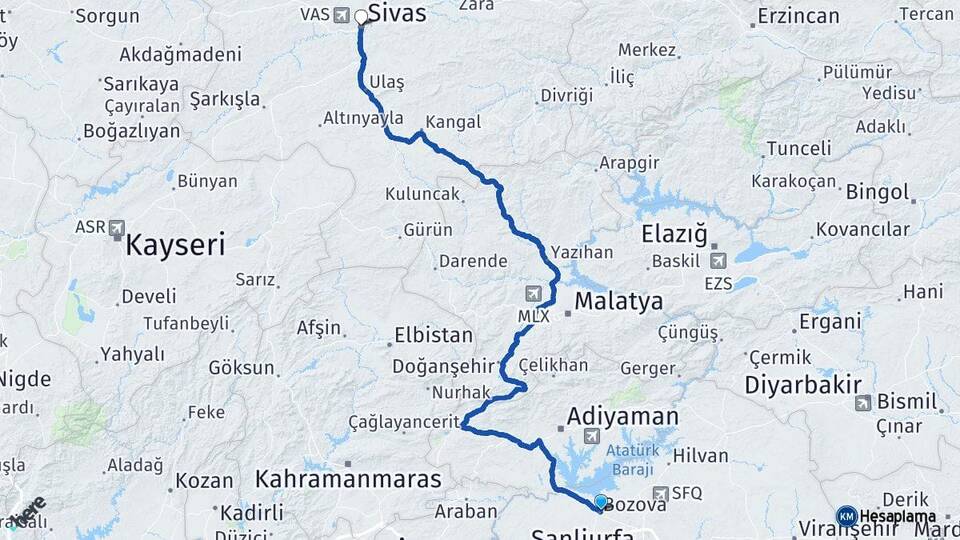 Şanlıurfa Bozova Sivas Arası Kaç Km - Yol Haritası