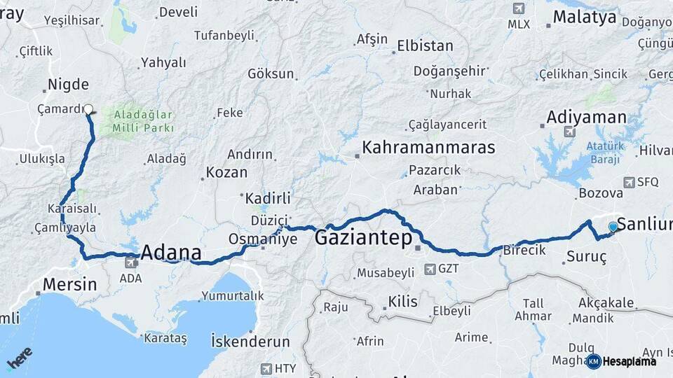 Şanlıurfa Çamardı Niğde Arası Kaç Km - Yol Haritası