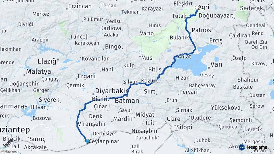 Şanlıurfa Ceylanpınar Ağrı Arası Kaç Km - Yol Haritası