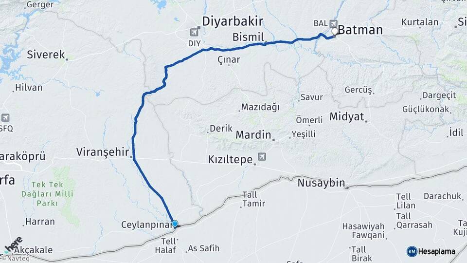 Şanlıurfa Ceylanpınar Batman Arası Kaç Km - Yol Haritası