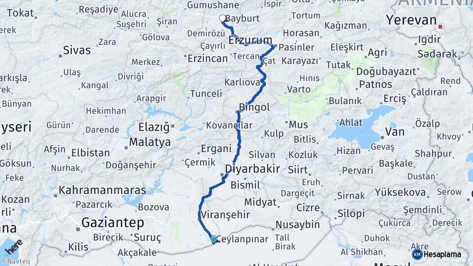 Şanlıurfa Ceylanpınar Bayburt Arası Kaç Km - Yol Haritası