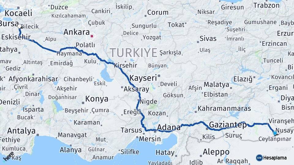 Şanlıurfa Ceylanpınar Bilecik Arası Kaç Km - Yol Haritası