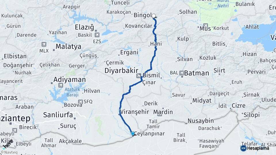 Şanlıurfa Ceylanpınar Bingöl Arası Kaç Km - Yol Haritası