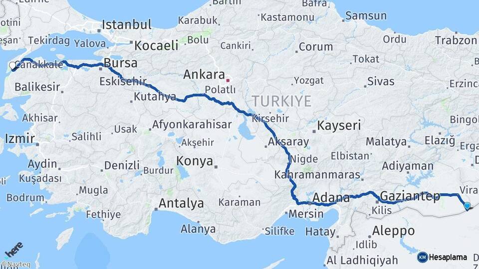 Şanlıurfa Ceylanpınar Çanakkale Arası Kaç Km - Yol Haritası
