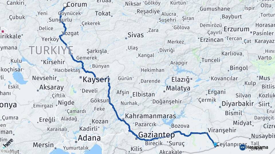 Şanlıurfa Ceylanpınar Çorum Arası Kaç Km - Yol Haritası