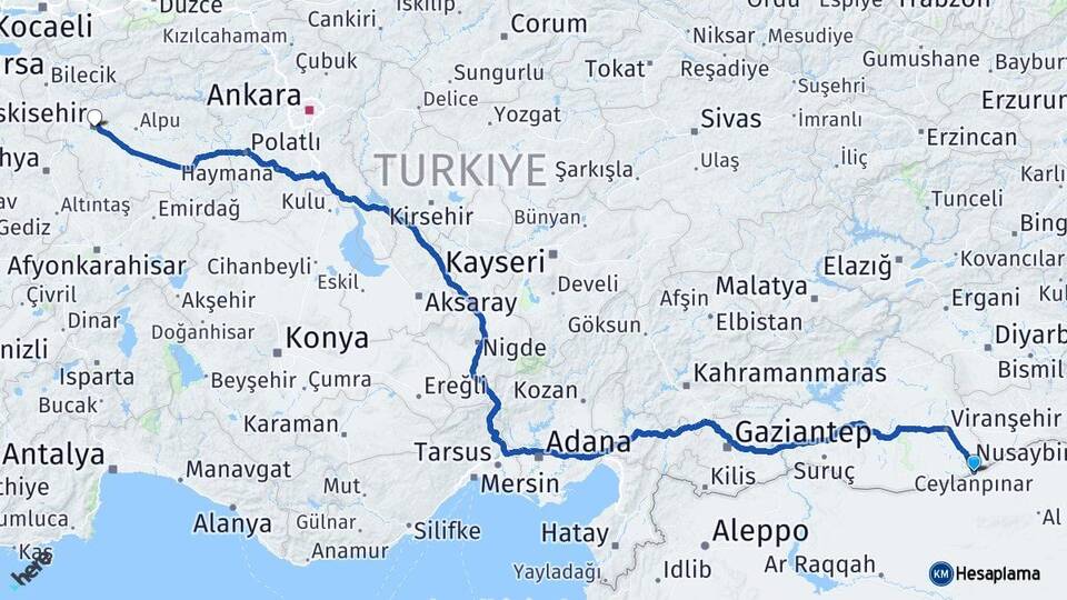 Şanlıurfa Ceylanpınar Eskişehir Arası Kaç Km - Yol Haritası