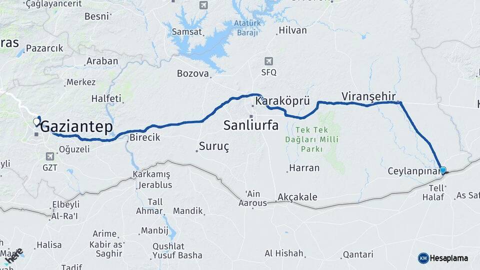 Şanlıurfa Ceylanpınar Gaziantep Arası Kaç Km - Yol Haritası