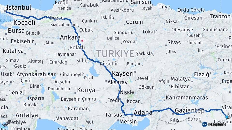 Şanlıurfa Ceylanpınar İstanbul Arası Kaç Km - Yol Haritası