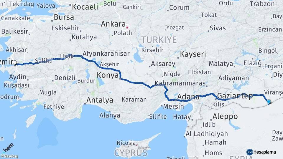 Şanlıurfa Ceylanpınar İzmir Arası Kaç Km - Yol Haritası