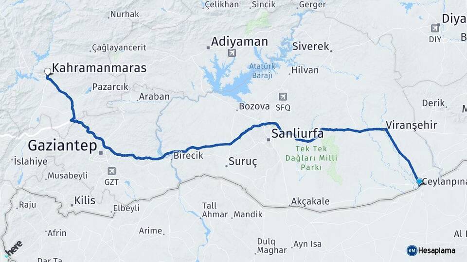 Şanlıurfa Ceylanpınar Kahramanmaraş Arası Kaç Km - Yol Haritası