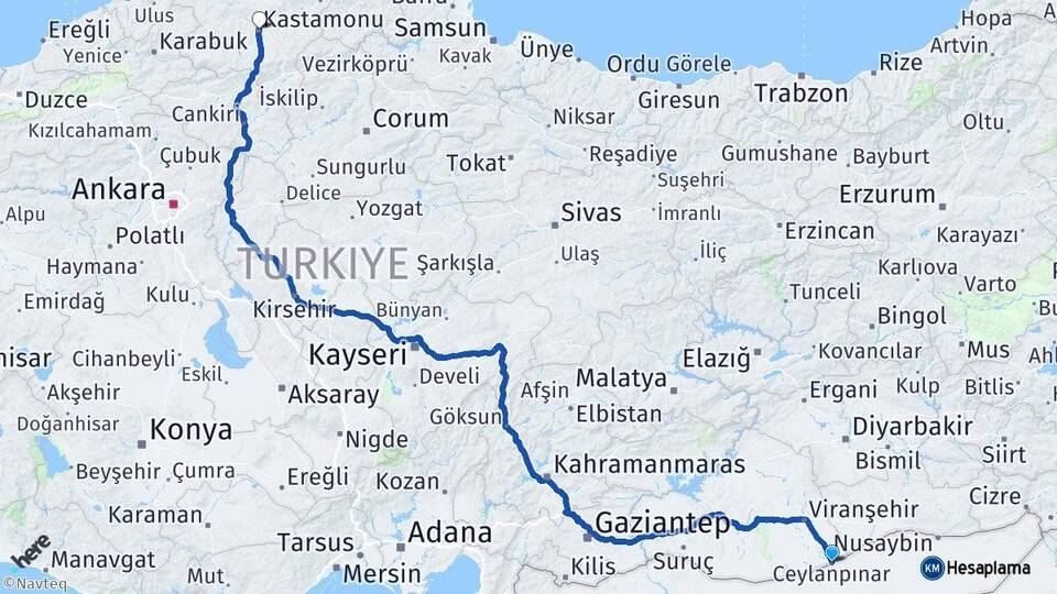Şanlıurfa Ceylanpınar Kastamonu Arası Kaç Km - Yol Haritası