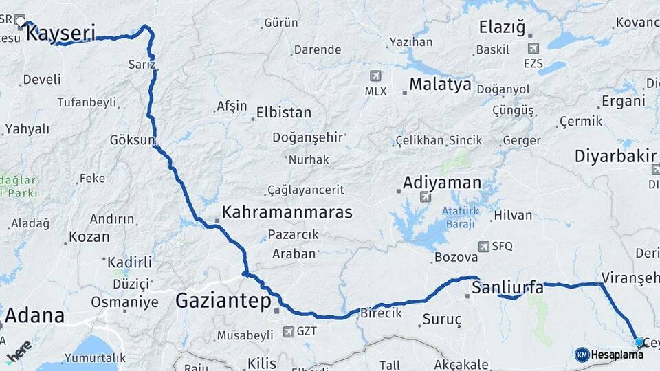 Şanlıurfa Ceylanpınar Kayseri Arası Kaç Km - Yol Haritası