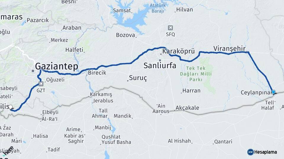 Şanlıurfa Ceylanpınar Kilis Arası Kaç Km - Yol Haritası