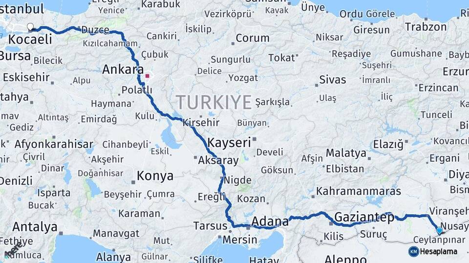 Şanlıurfa Ceylanpınar Kocaeli Arası Kaç Km - Yol Haritası