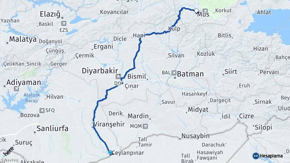 Şanlıurfa Ceylanpınar Muş Arası Kaç Km - Yol Haritası