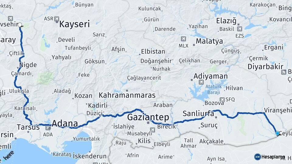 Şanlıurfa Ceylanpınar Nevşehir Arası Kaç Km - Yol Haritası