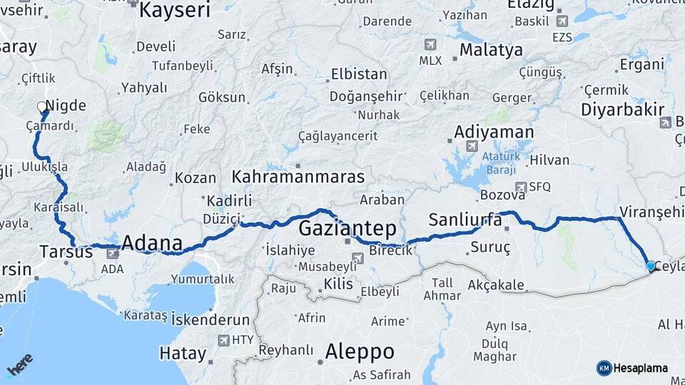Şanlıurfa Ceylanpınar Niğde Arası Kaç Km - Yol Haritası