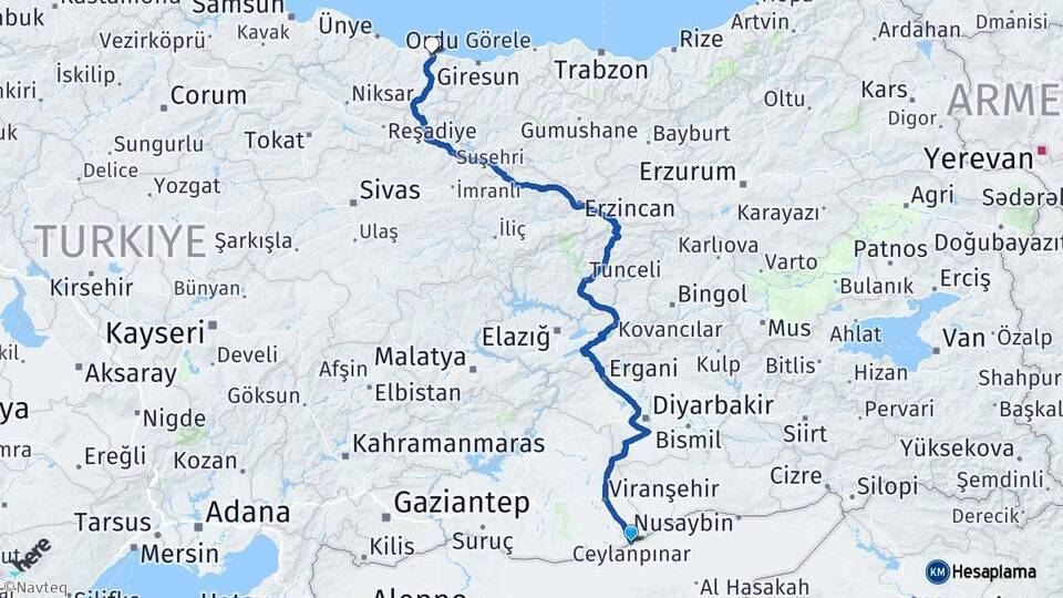 Şanlıurfa Ceylanpınar Ordu Arası Kaç Km - Yol Haritası
