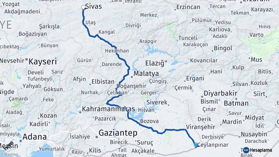 Şanlıurfa Ceylanpınar Sivas Arası Kaç Km - Yol Haritası