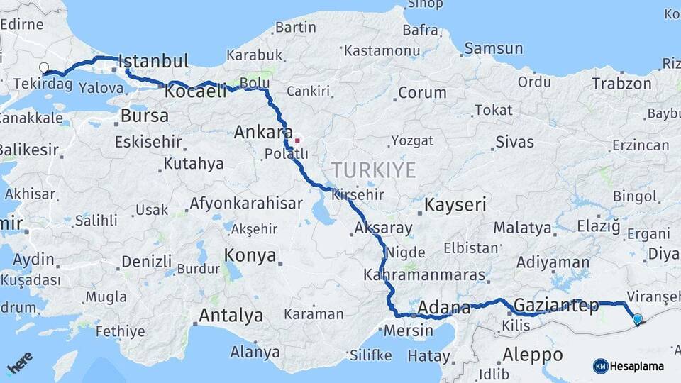 Şanlıurfa Ceylanpınar Tekirdağ Arası Kaç Km - Yol Haritası