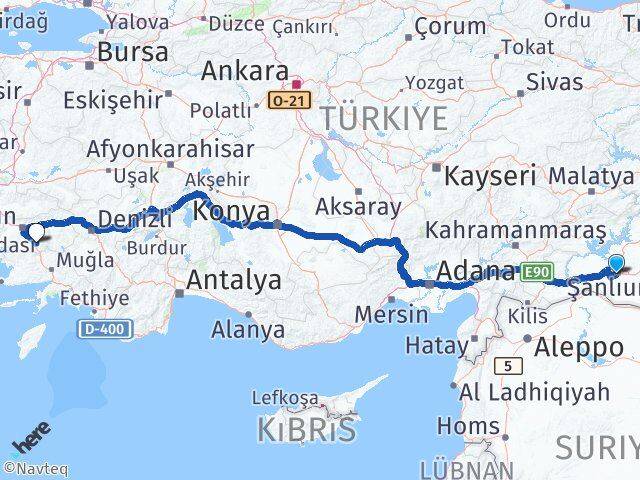 Şanlıurfa Çine Aydın Arası Kaç Km - Yol Haritası