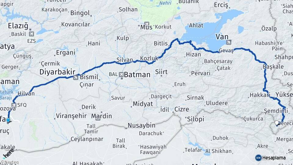 Şanlıurfa Derecik Hakkari Arası Kaç Km - Yol Haritası